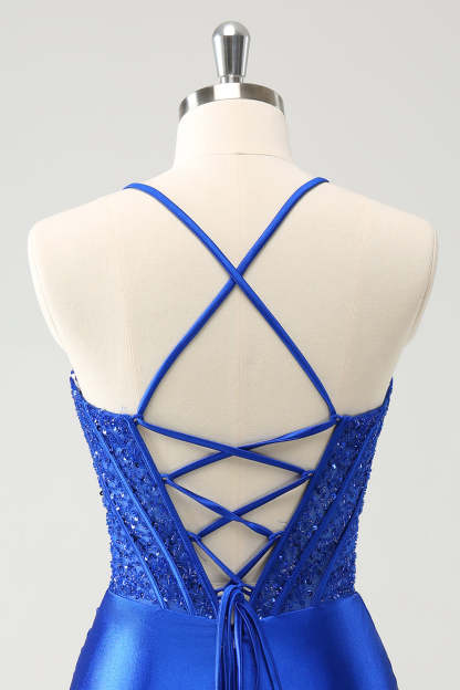 Sparkly Royal Blue Sweetheart Bodycon Corset Short Homecoming Dress with Lace Up Back
