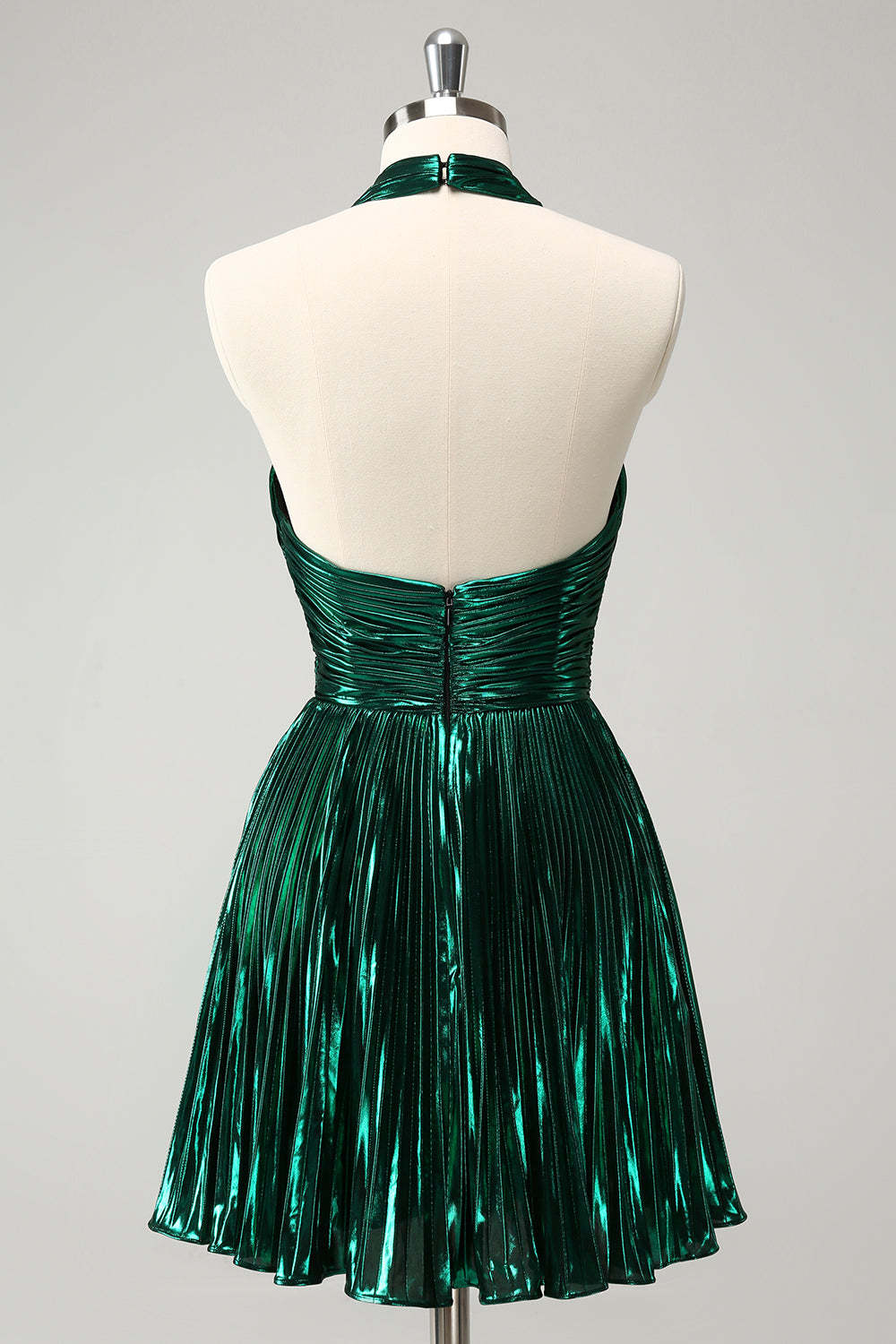 Glitter Dark Green Halter A-Line Pleated Metallic Homecoming Dress
