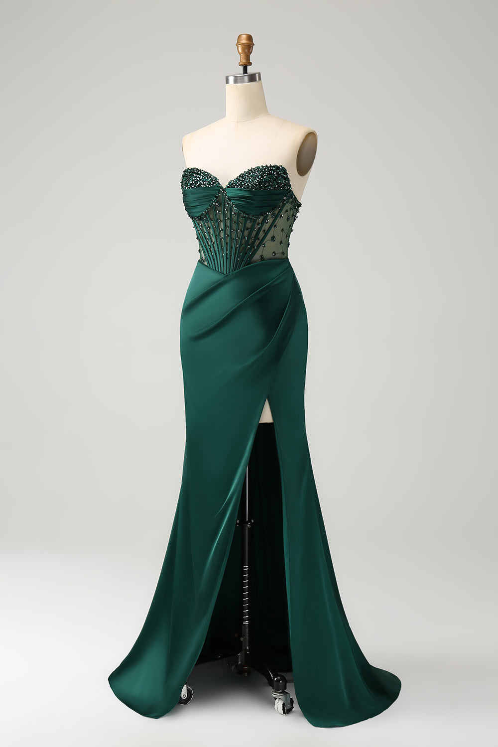 Modecrush Sparkly Dark Green Mermaid Strapless Beaded Corset Long Prom Dress with Slit