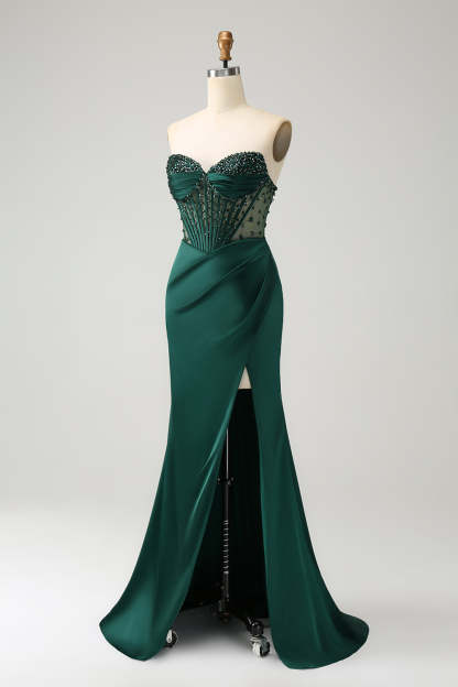 Modecrush Sparkly Dark Green Mermaid Strapless Beaded Corset Long Prom Dress with Slit