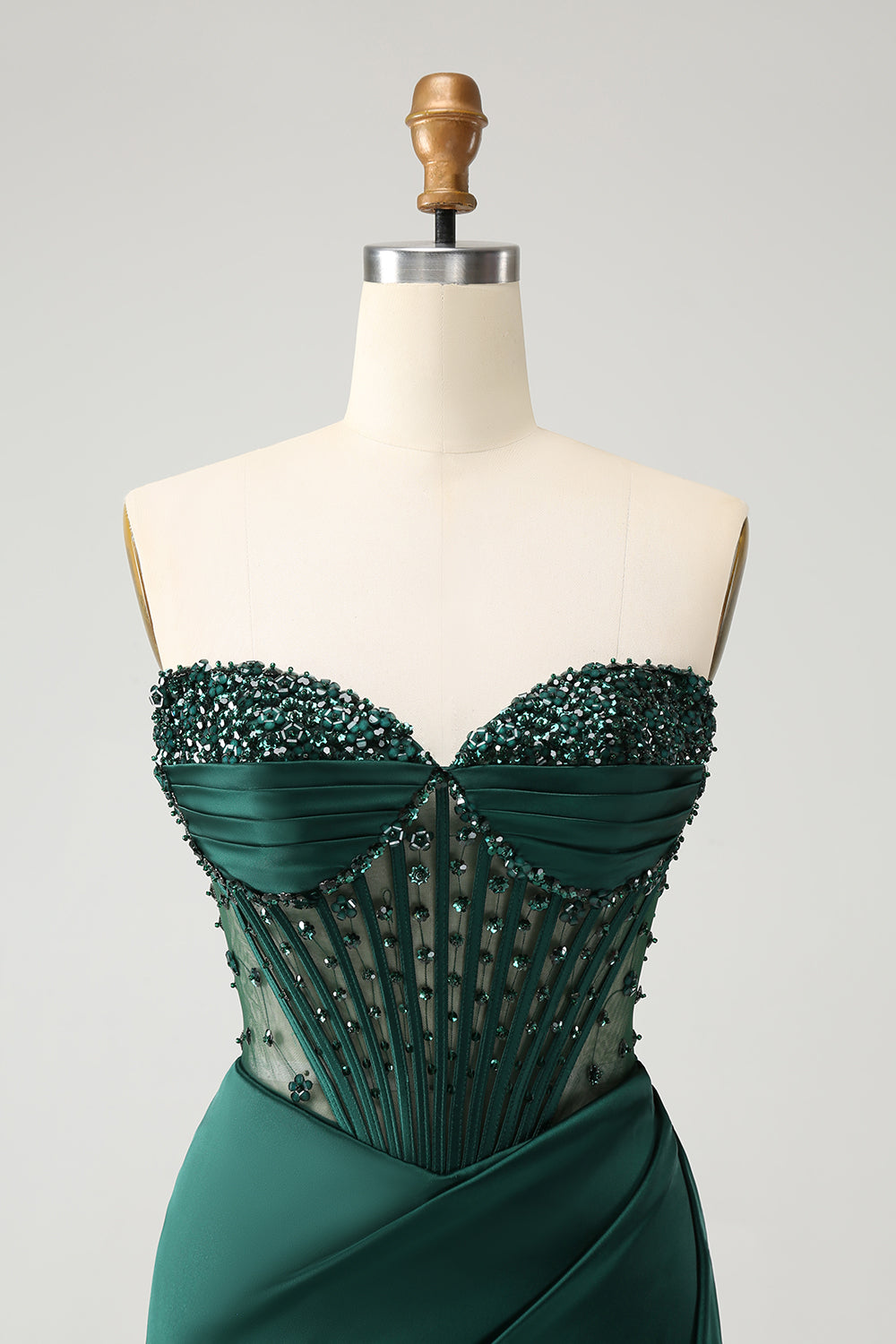 Modecrush Sparkly Dark Green Mermaid Strapless Beaded Corset Long Prom Dress with Slit