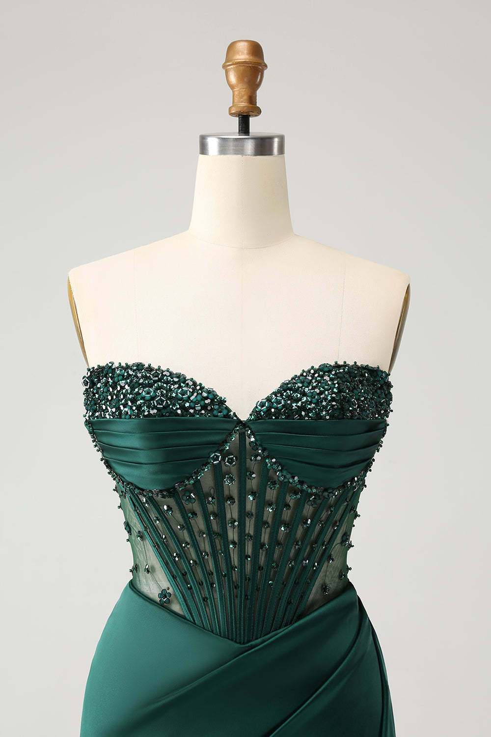 Modecrush Sparkly Dark Green Mermaid Strapless Beaded Corset Long Prom Dress with Slit