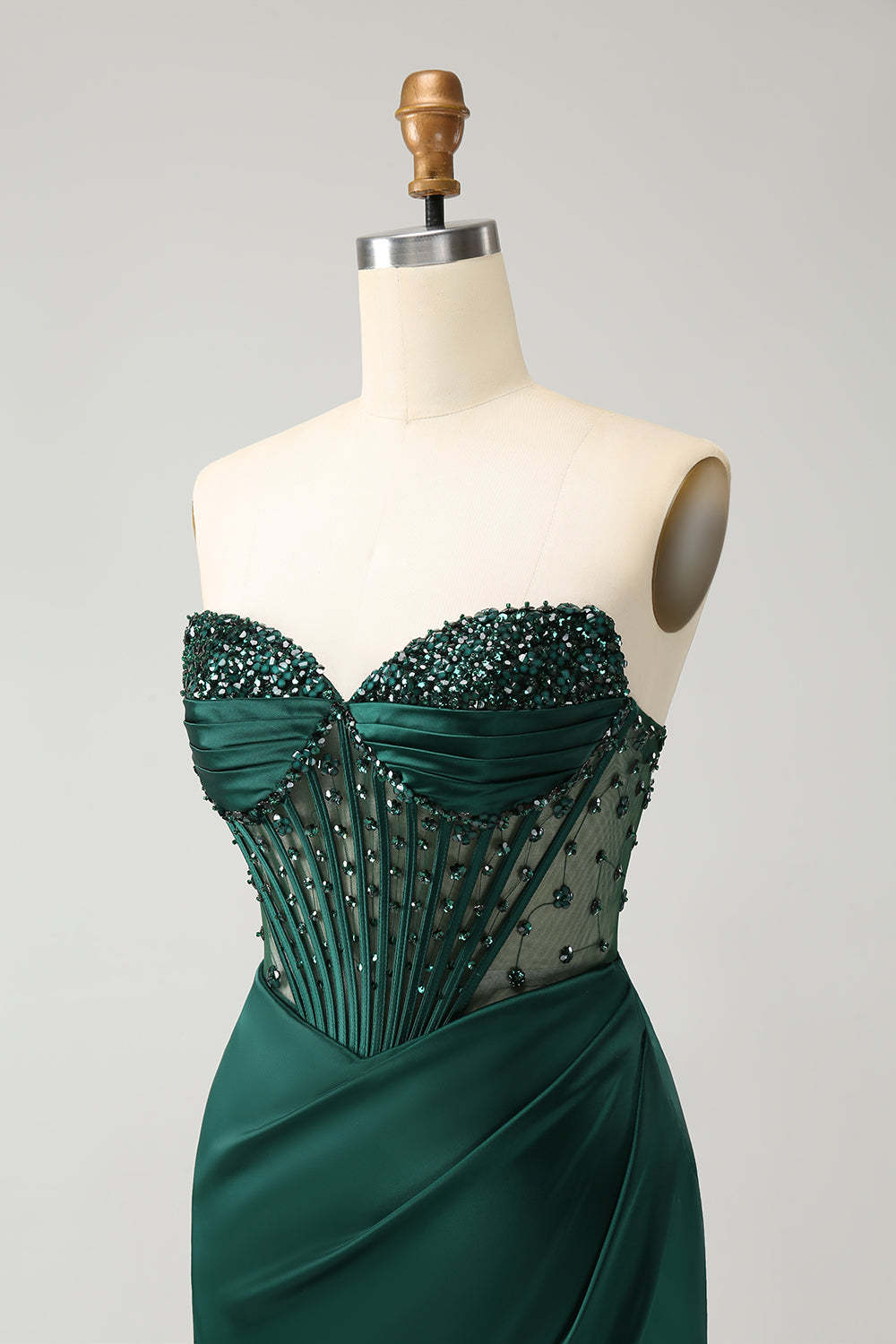 Modecrush Sparkly Dark Green Mermaid Strapless Beaded Corset Long Prom Dress with Slit