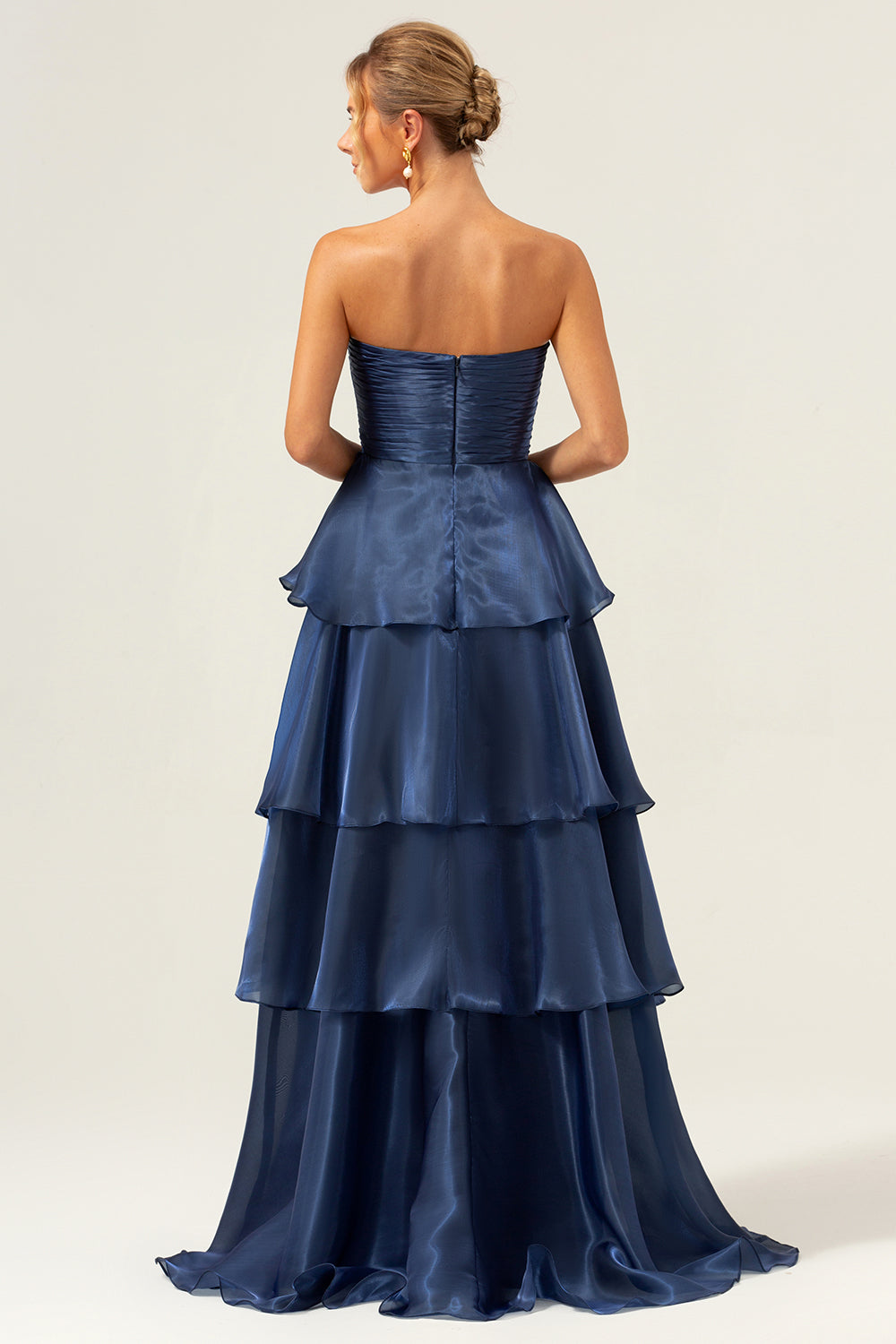 ModecrushDark Navy A Line Strapless Tiered Satin Long Bridesmaid Dress