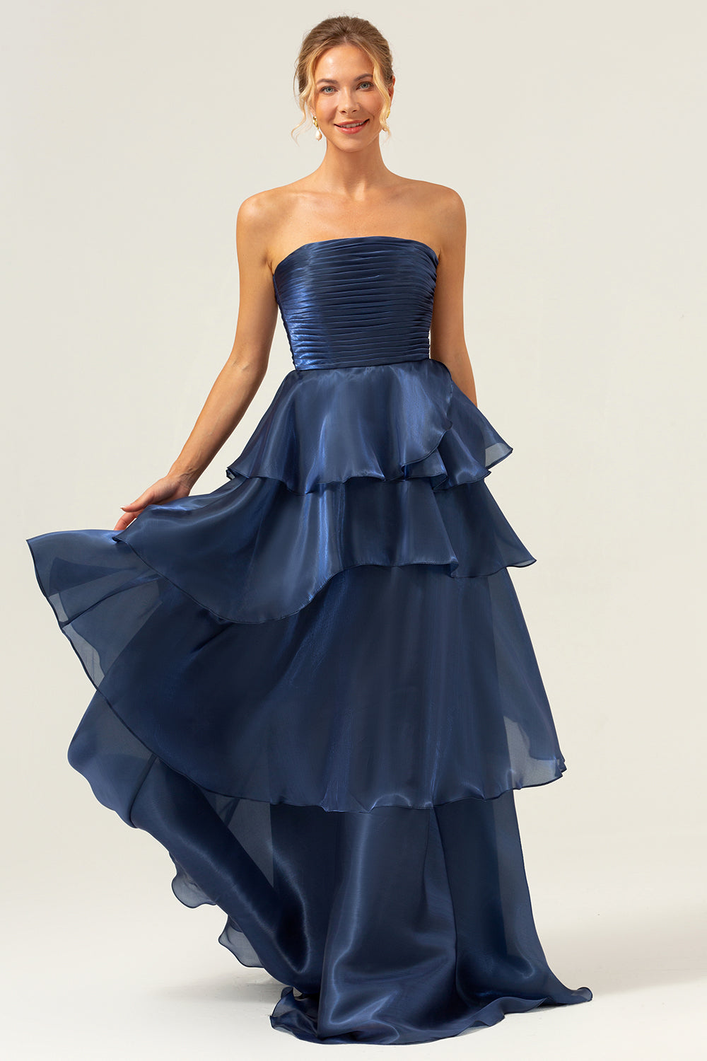 ModecrushDark Navy A Line Strapless Tiered Satin Long Bridesmaid Dress