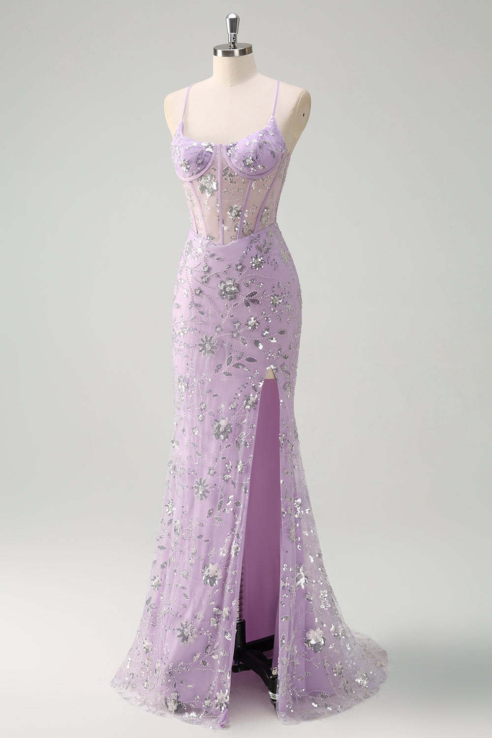 Modecrush Lilac Spaghetti Straps Mermaid Corset Sequin Prom Dress