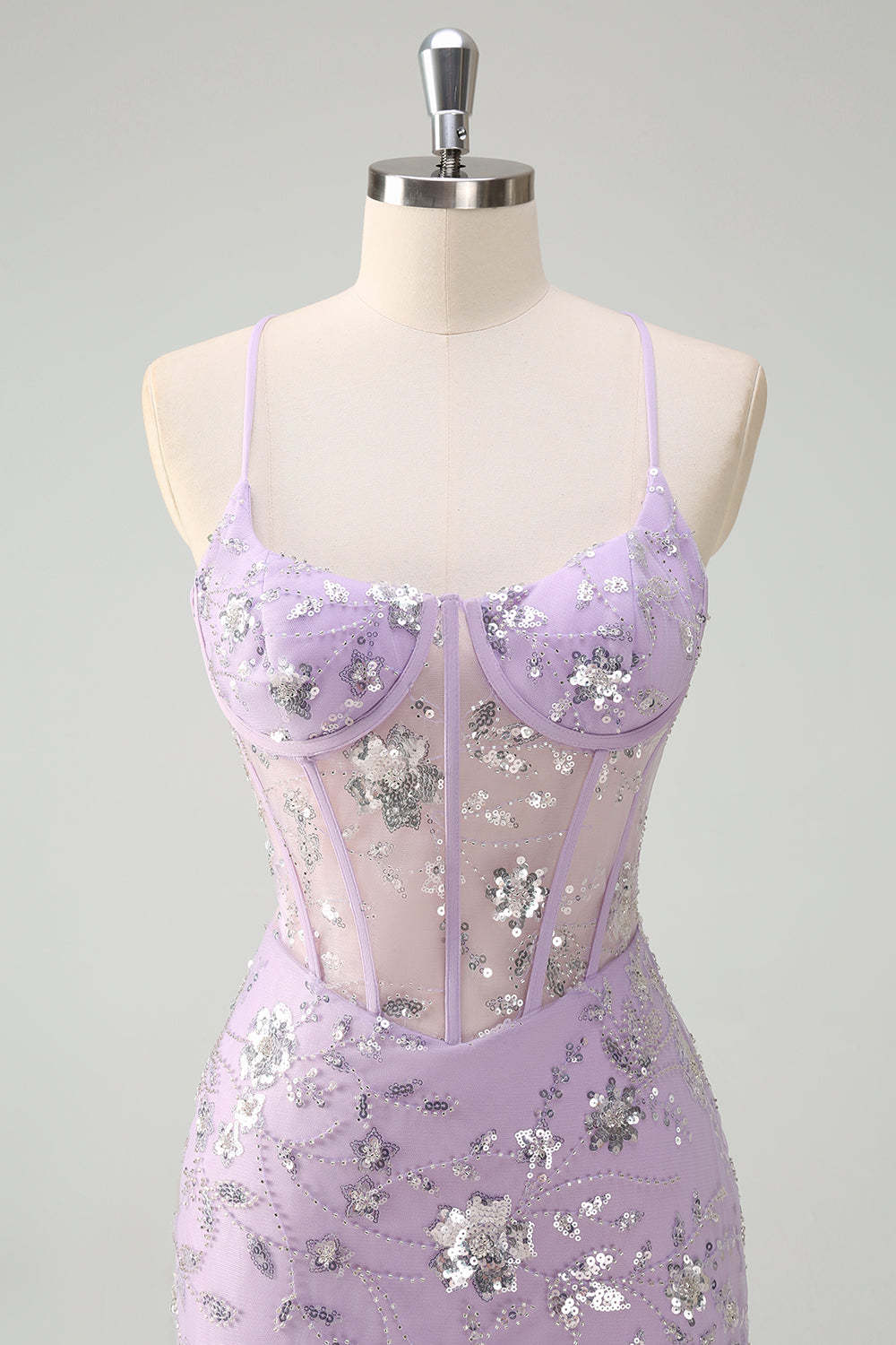 Modecrush Lilac Spaghetti Straps Mermaid Corset Sequin Prom Dress