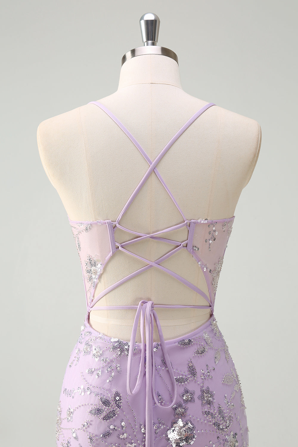 Modecrush Lilac Spaghetti Straps Mermaid Corset Sequin Prom Dress
