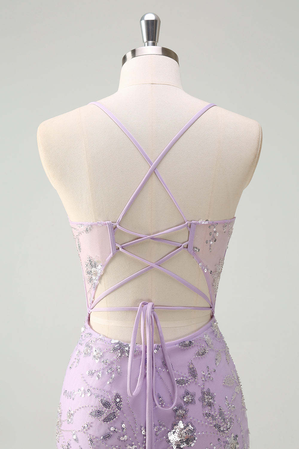 Modecrush Lilac Spaghetti Straps Mermaid Corset Sequin Prom Dress