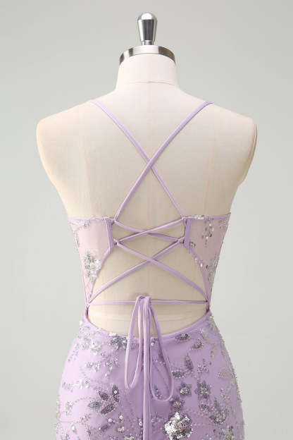Modecrush Lilac Spaghetti Straps Mermaid Corset Sequin Prom Dress