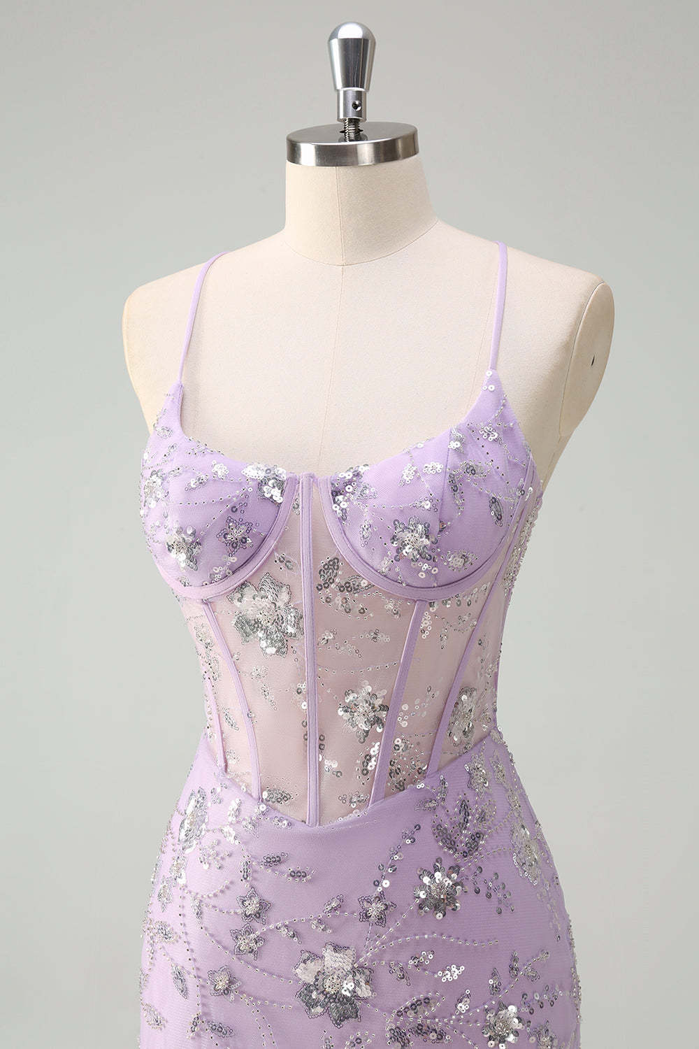 Modecrush Lilac Spaghetti Straps Mermaid Corset Sequin Prom Dress