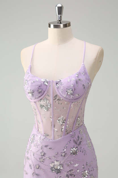 Modecrush Lilac Spaghetti Straps Mermaid Corset Sequin Prom Dress