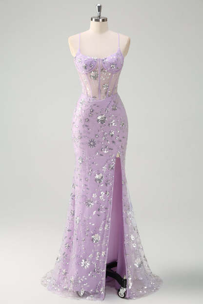 ModecrushLilac Mermaid Spaghetti Straps Corset Sequin Prom Dress with Slit