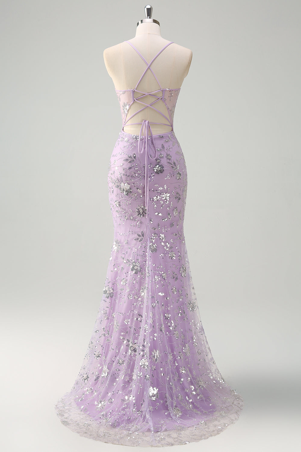 ModecrushLilac Mermaid Spaghetti Straps Corset Sequin Prom Dress with Slit