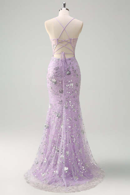 ModecrushLilac Mermaid Spaghetti Straps Corset Sequin Prom Dress with Slit