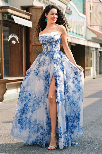 Modecrush White Blue Flower A-Line Spaghetti Straps Ruched Corset Long Prom Dress With Slit