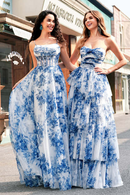 Modecrush White Blue Flower A-Line Spaghetti Straps Ruched Corset Long Prom Dress With Slit