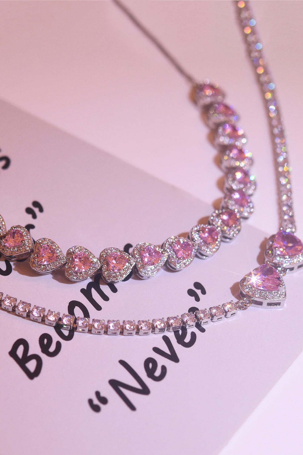 Pink Glitter Heart Rhinestones Necklace