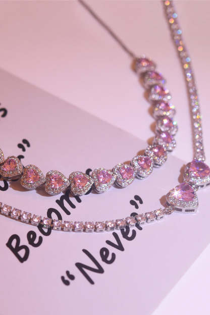 Pink Glitter Heart Rhinestones Necklace