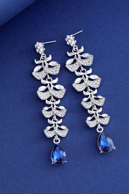 Royal Blue Glitter Water Drop Leaf Tassel Long Earrings