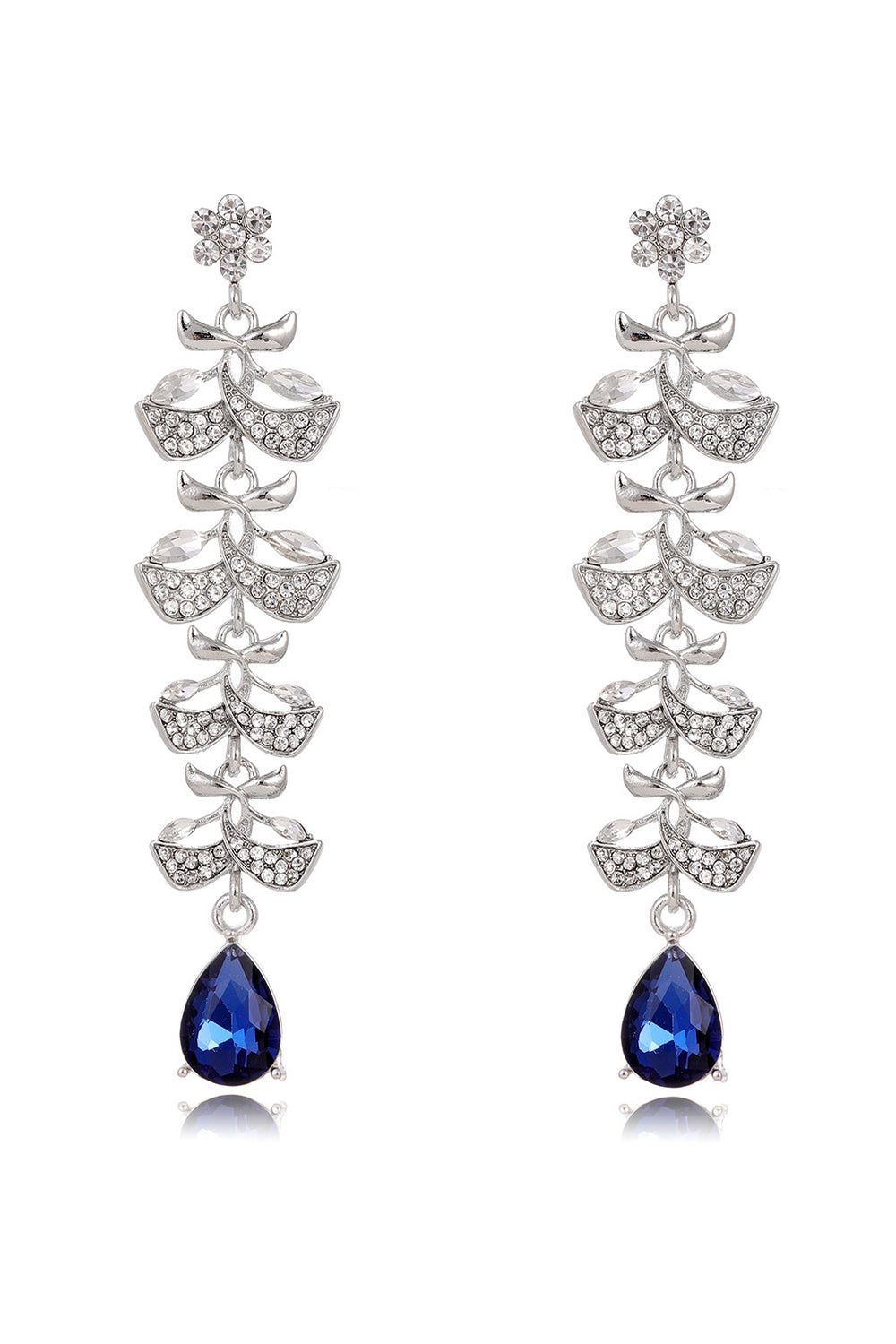Royal Blue Glitter Water Drop Leaf Tassel Long Earrings
