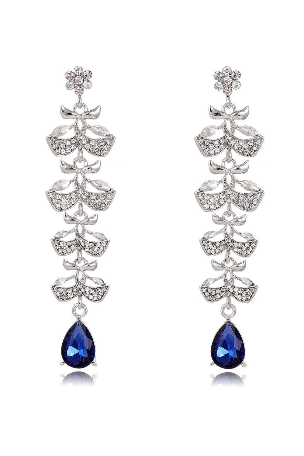 Royal Blue Glitter Water Drop Leaf Tassel Long Earrings