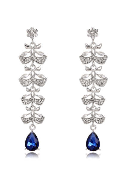 Royal Blue Glitter Water Drop Leaf Tassel Long Earrings