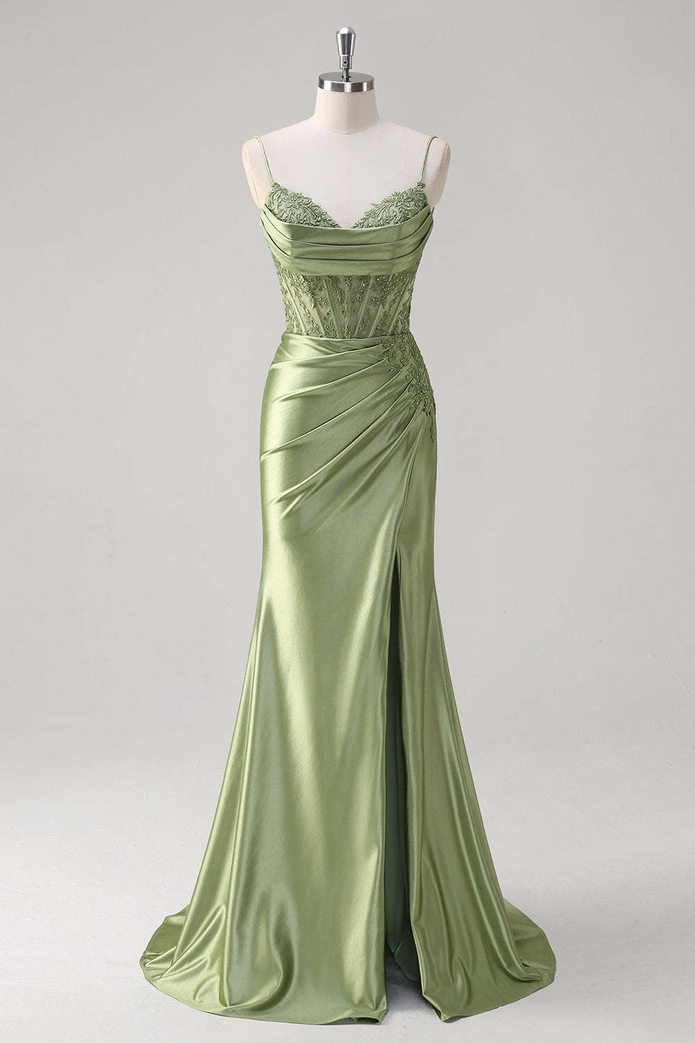 Modecrush Mermaid Green Corset Spaghetti Straps Pleated Prom Dress