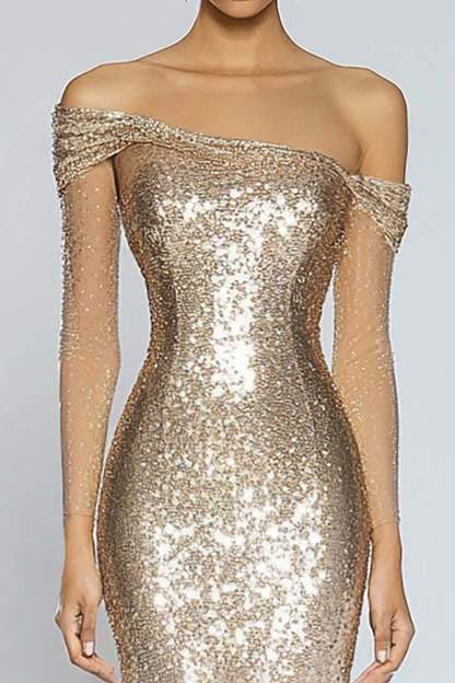 Modecrush Sparkly Champagne Mermaid Off the Shoulder Sequins Long Formal Dress