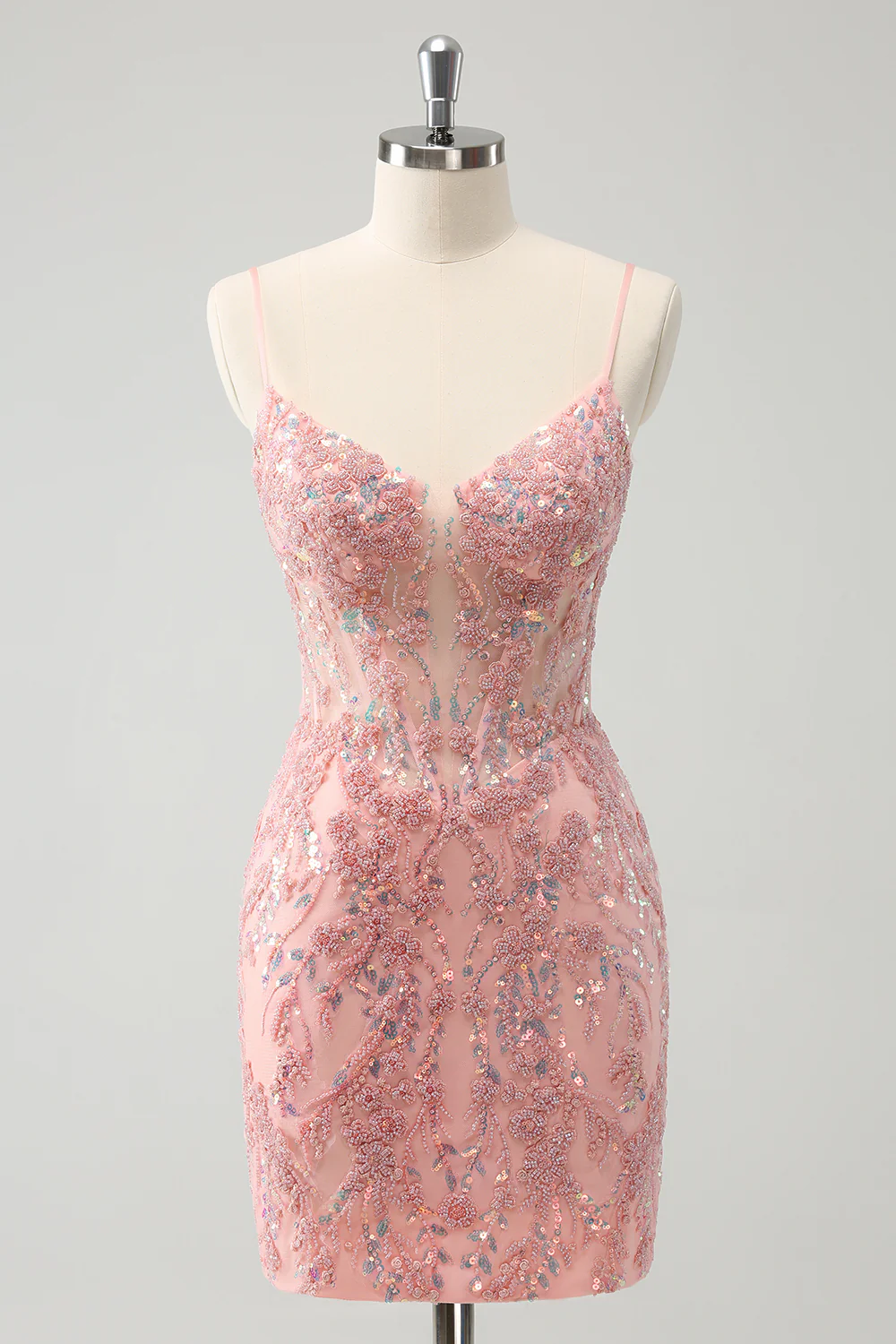 Modecrush Glitter Blush Spaghetti Straps Tight Short Homecoming Dress with Beading