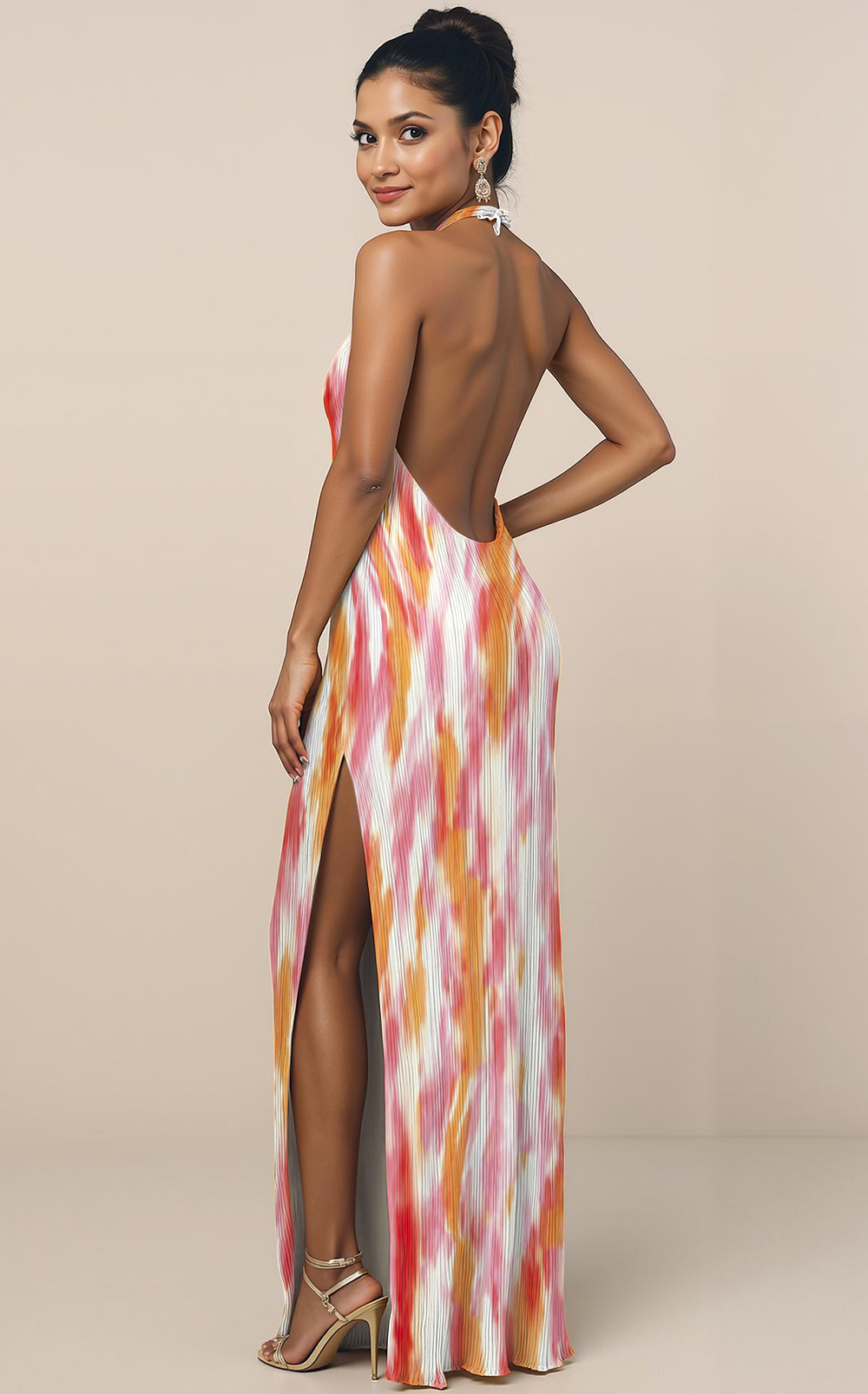 Modecrush Orange Floral Chiffon Halter A-Line Long Dress with Pleats