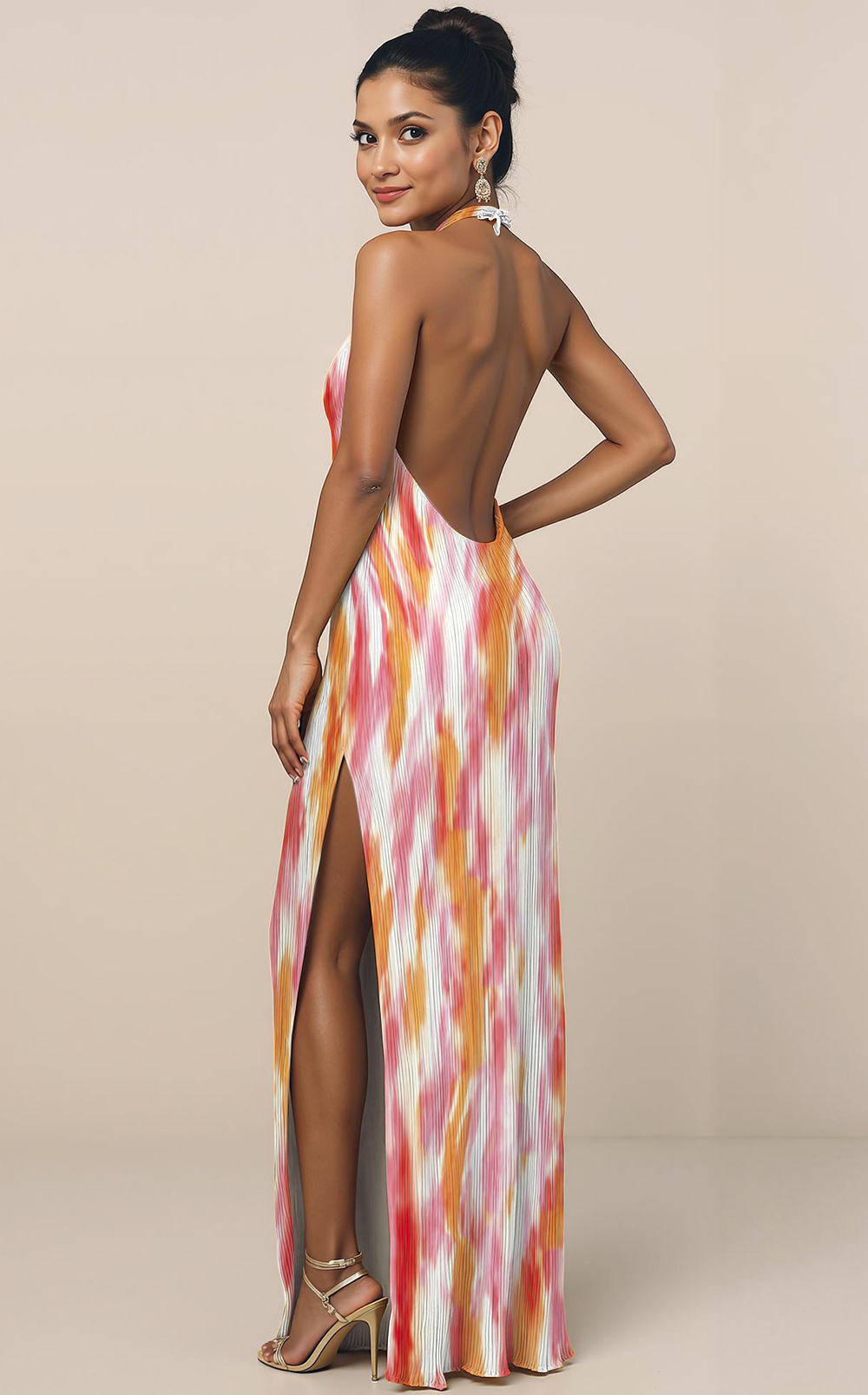 Modecrush Orange Floral Chiffon Halter A-Line Long Dress with Pleats