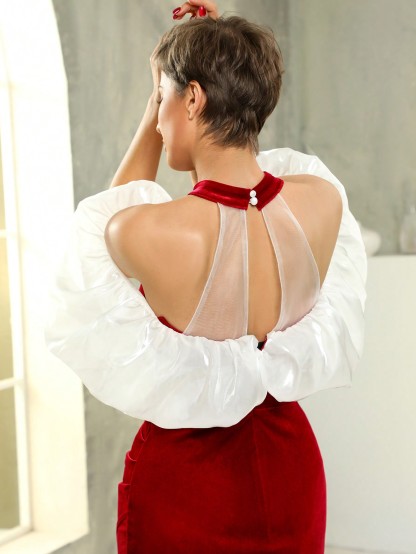 Leely Elegant Oversized Bubble Shawl Split Velvet Evening Gown