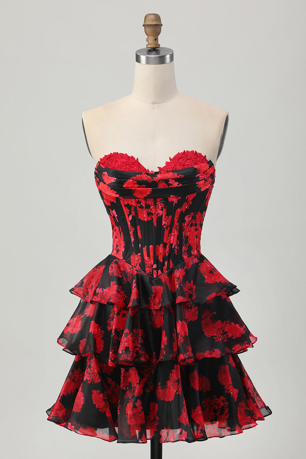 A-Line Black Red Floral Sweetheart Tiered Corset Homecoming Dress