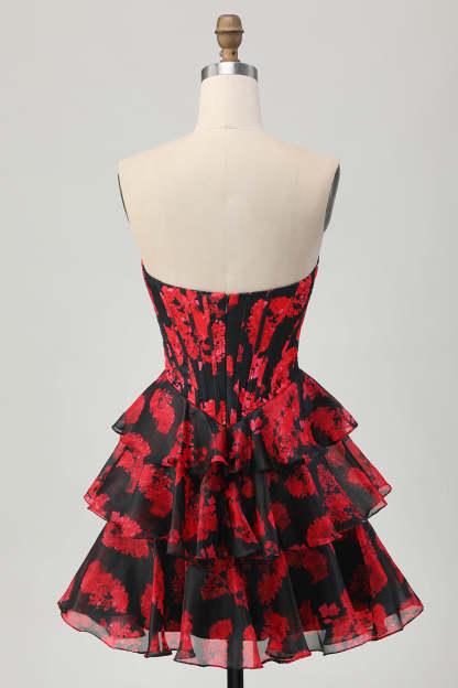 A-Line Black Red Floral Sweetheart Tiered Corset Homecoming Dress