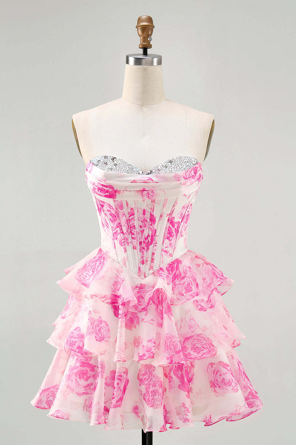 Pink Floral A-Line Strapless Corset Short Homecoming Dress with Sequins