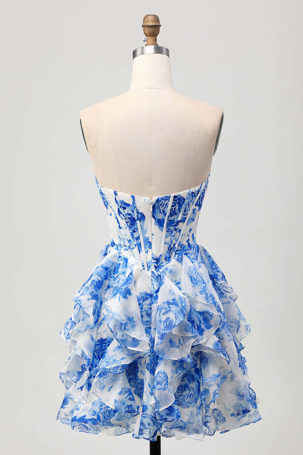 White Blue Floral Strapless A Line Corset Cut Out Homecoming Dress with Bow
