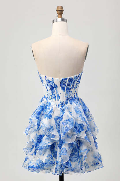 White Blue Floral Strapless A Line Corset Cut Out Homecoming Dress with Bow