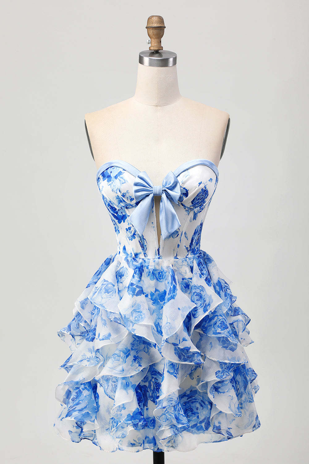 White Blue Floral Strapless A Line Corset Cut Out Homecoming Dress with Bow