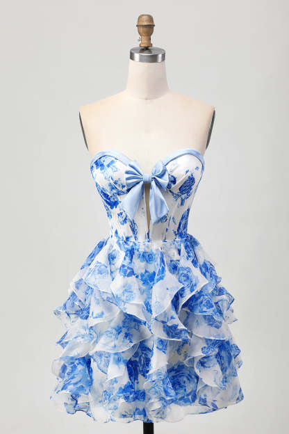 White Blue Floral Strapless A Line Corset Cut Out Homecoming Dress with Bow