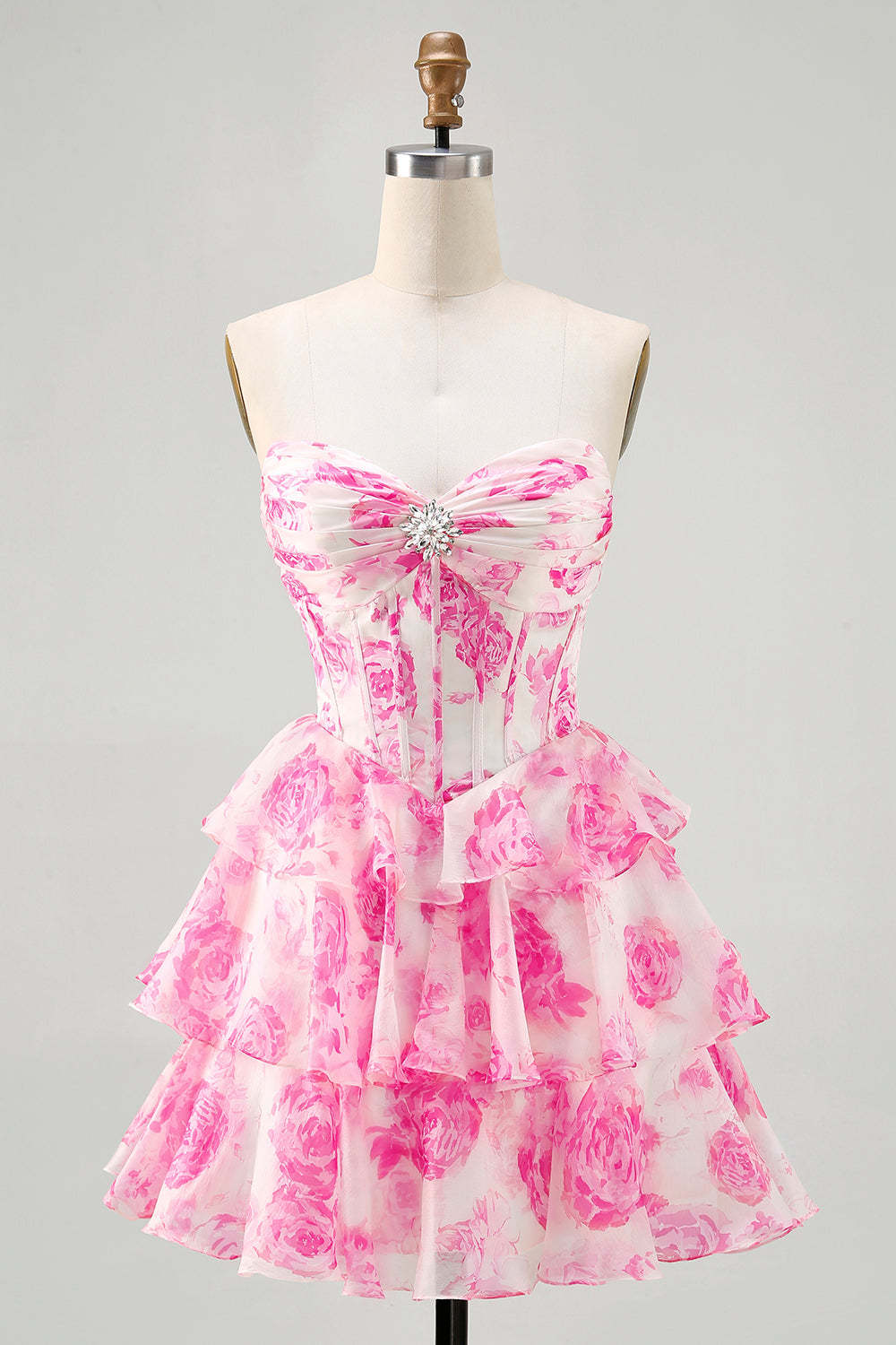A-line Strapless Corset Tiered Floral Short Homecoming Dress