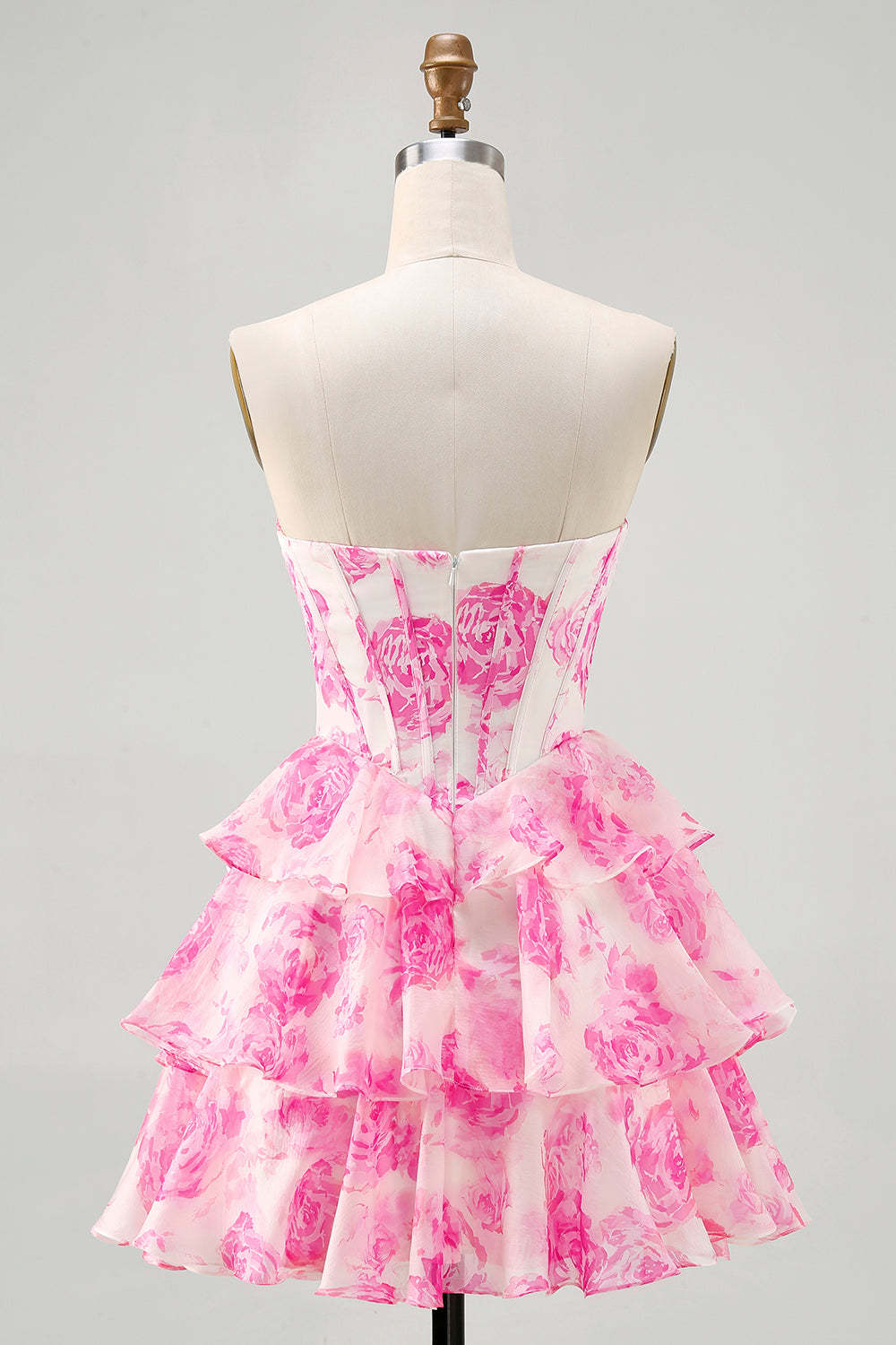 A-line Strapless Corset Tiered Floral Short Homecoming Dress