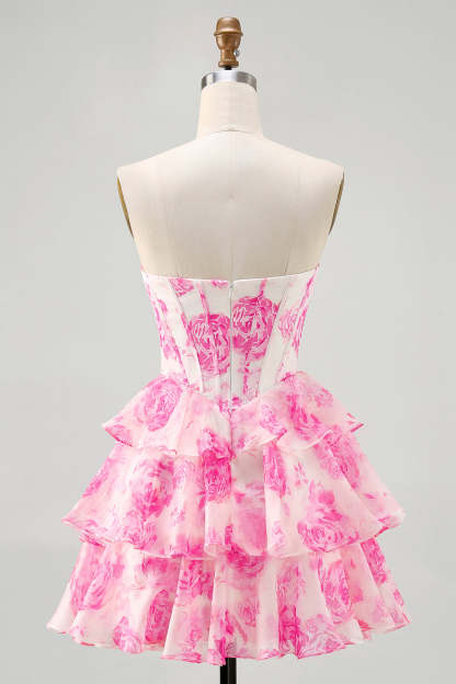 A-line Strapless Corset Tiered Floral Short Homecoming Dress