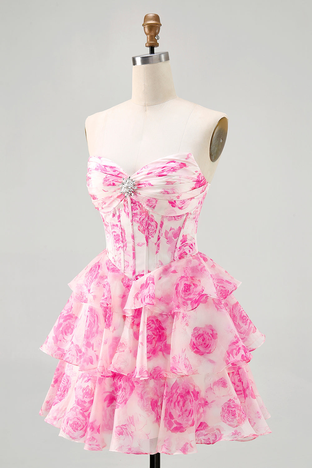 A-line Strapless Corset Tiered Floral Short Homecoming Dress