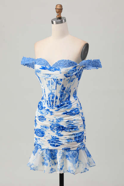 White Blue Flower Off the Shoulder Corset Short Homecoming Dress with Ruffles