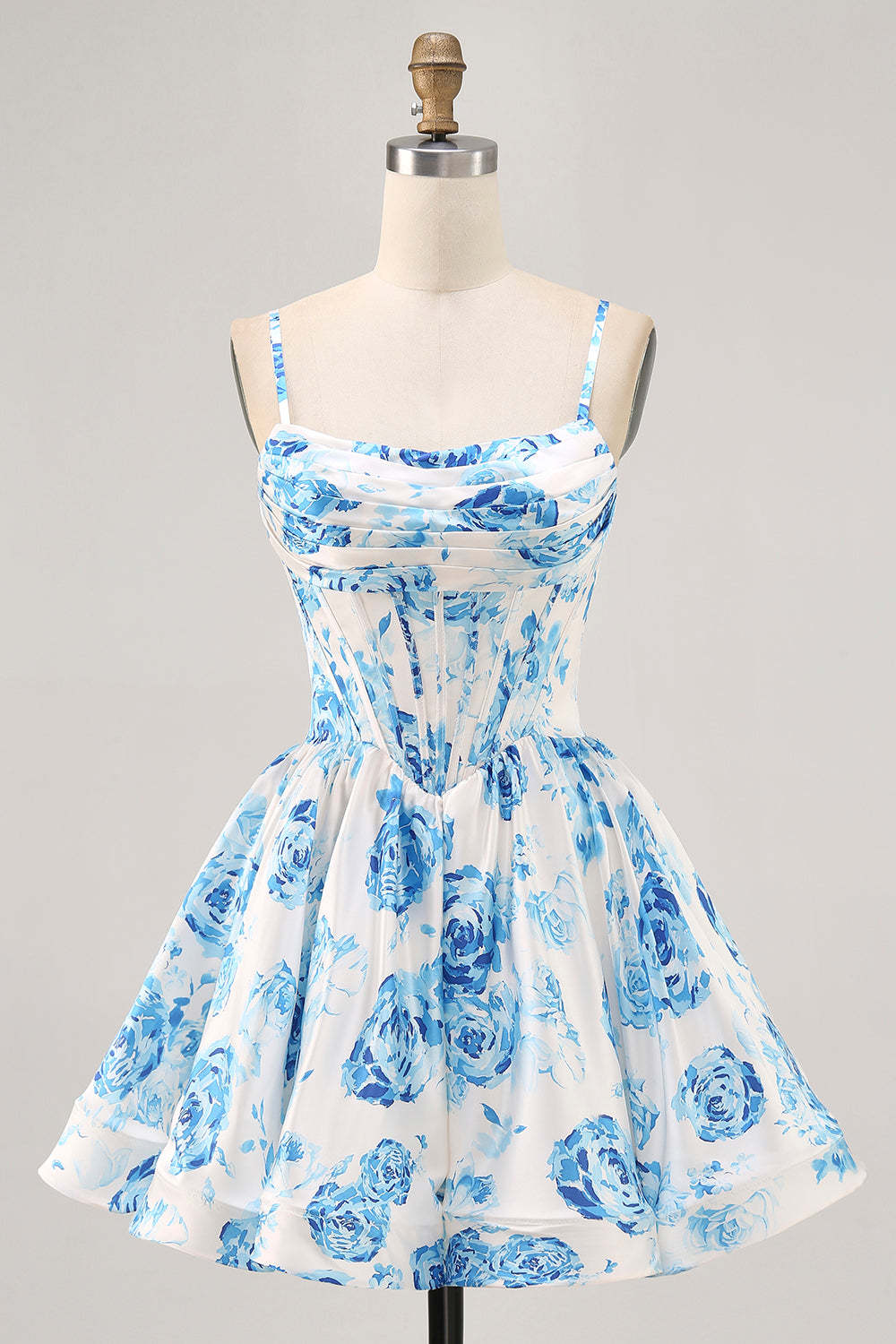 White Blue Flower Homecoming Dress A Line Printed Corset Pleated Spaghetti Straps Short Prom Dress
