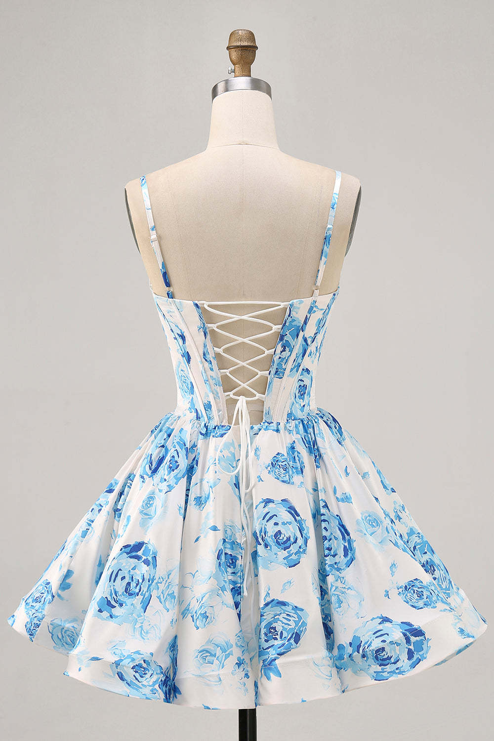 White Blue Flower Printed A Line Corset Short Homecoming Dress