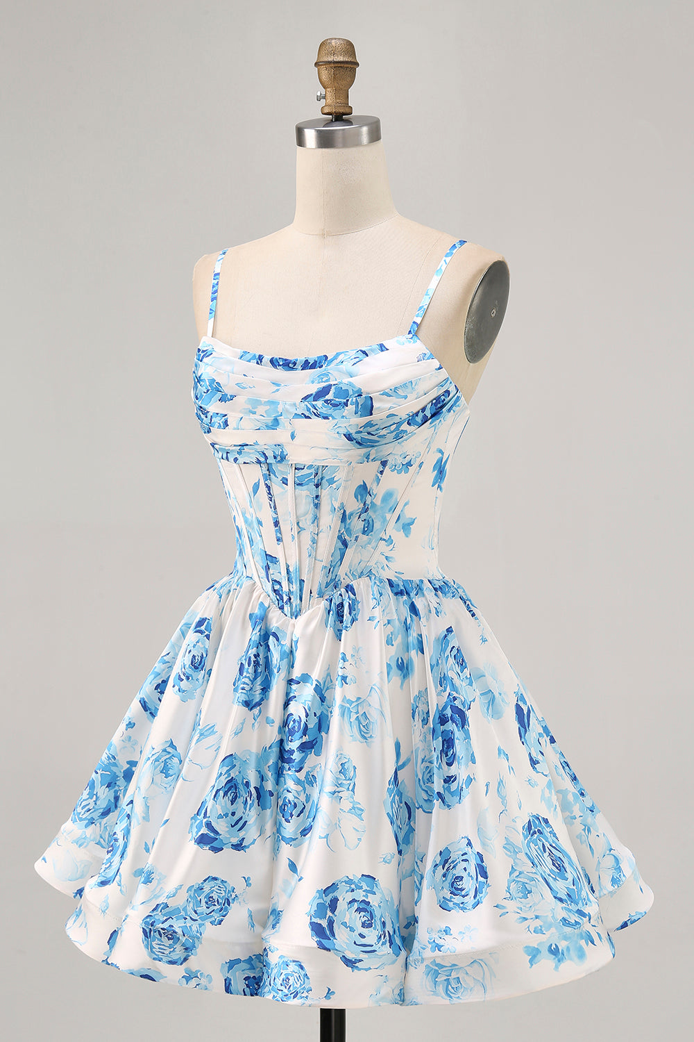 White Blue Flower Printed A Line Corset Short Homecoming Dress
