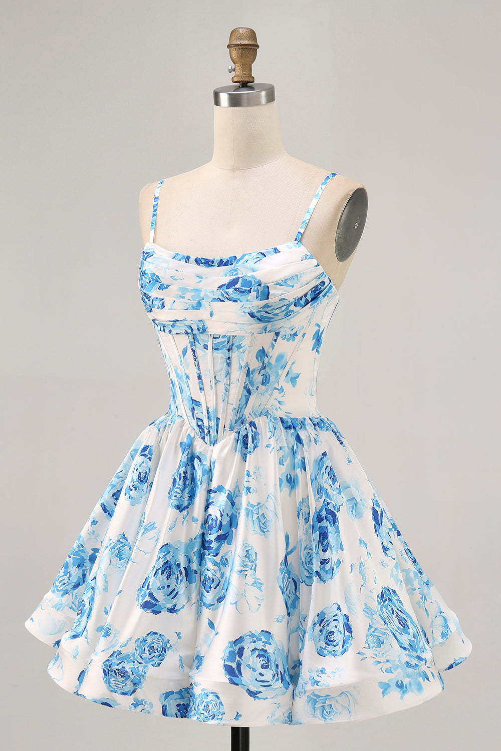 White Blue Flower Printed A Line Corset Short Homecoming Dress