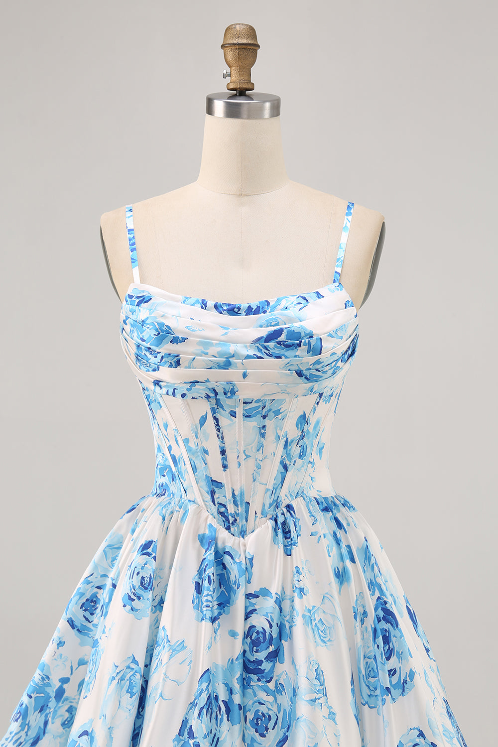 White Blue Flower Printed A Line Corset Short Homecoming Dress